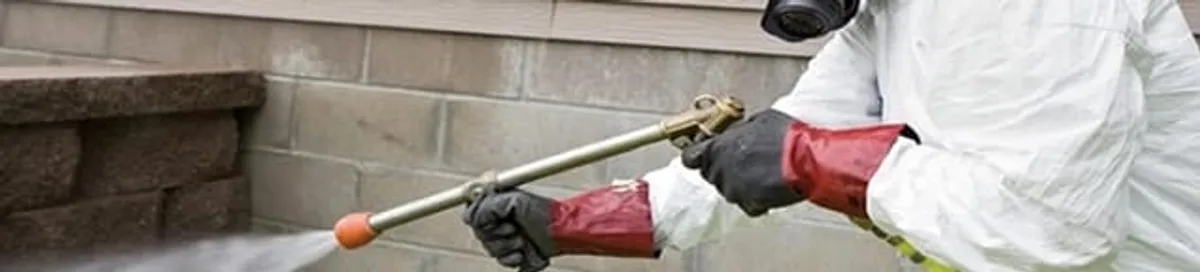 Pest control technician applying exterior insect treatment along a home foundation in Tampa, FL