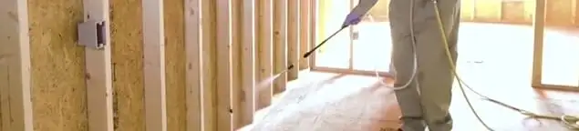 Termite treatment technician applying spray along framing and unfinished walls in Tampa, FL